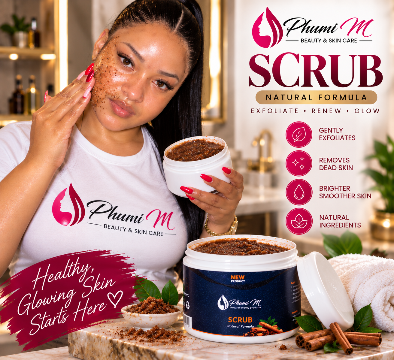 Phumi M Scrub campaign — natural formula, healthy glowing skin