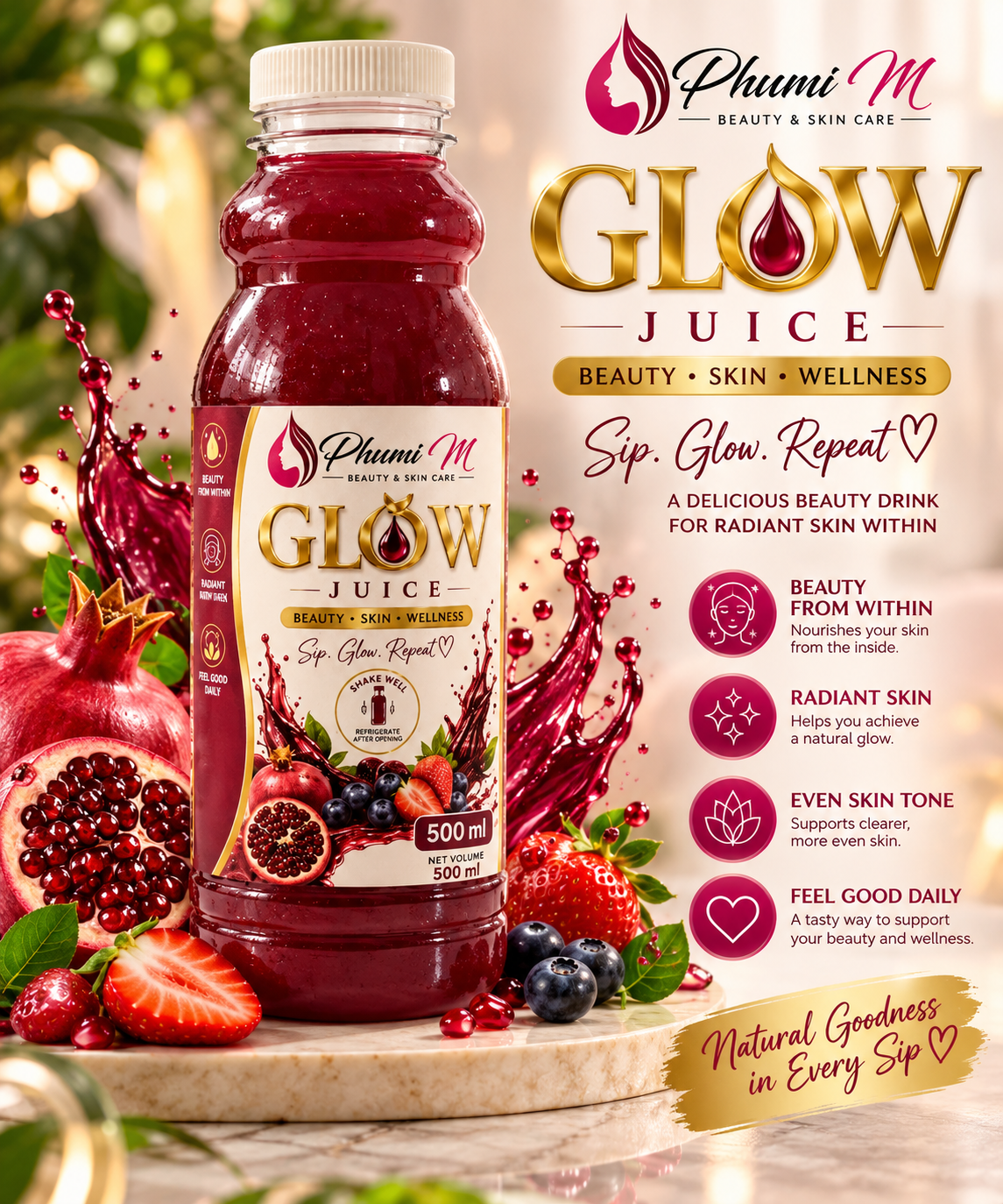 Phumi M Glow Juice campaign — sip, glow, repeat